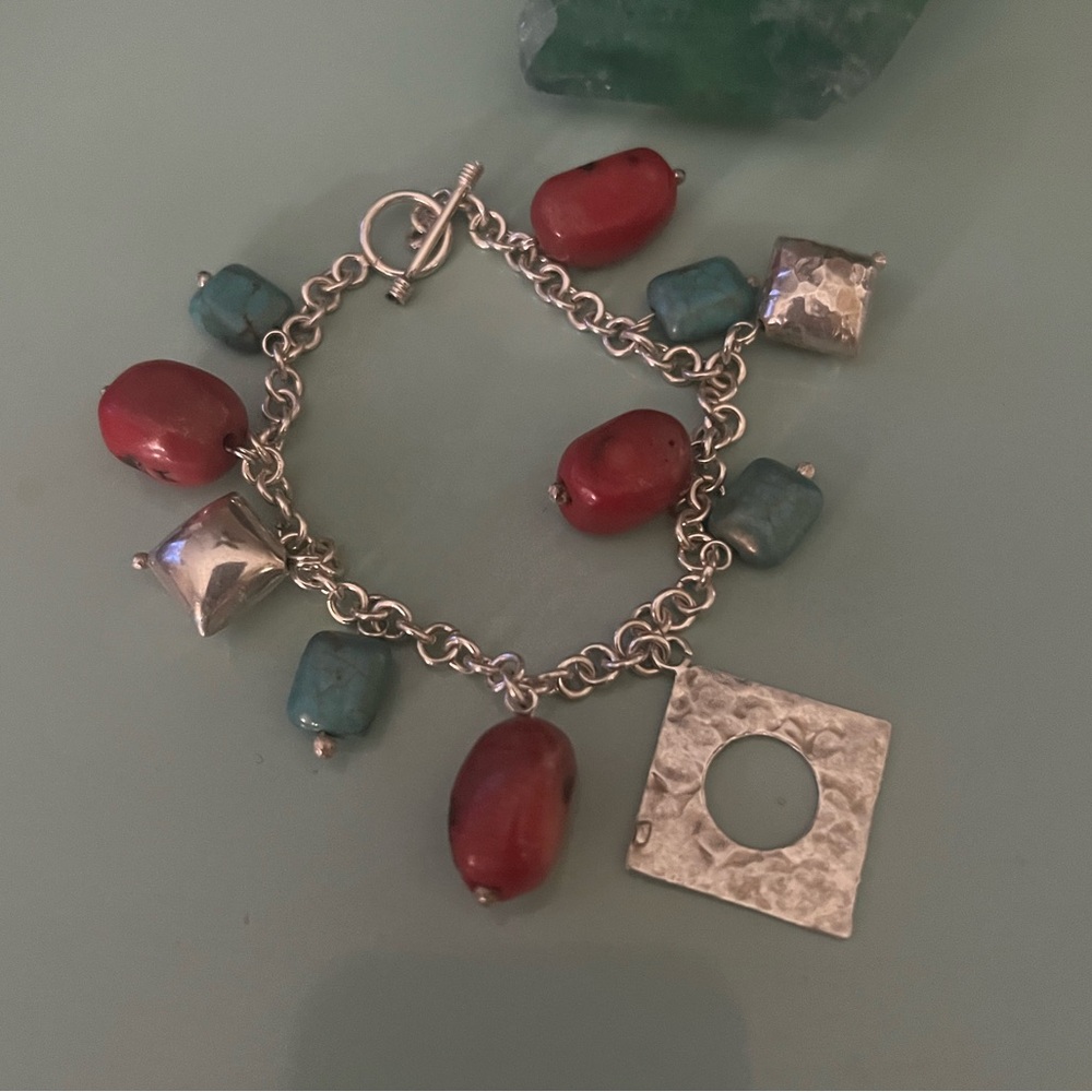 Unique Rare Solid .925 Silver Turquoise n Red Coral Charm Bracelet